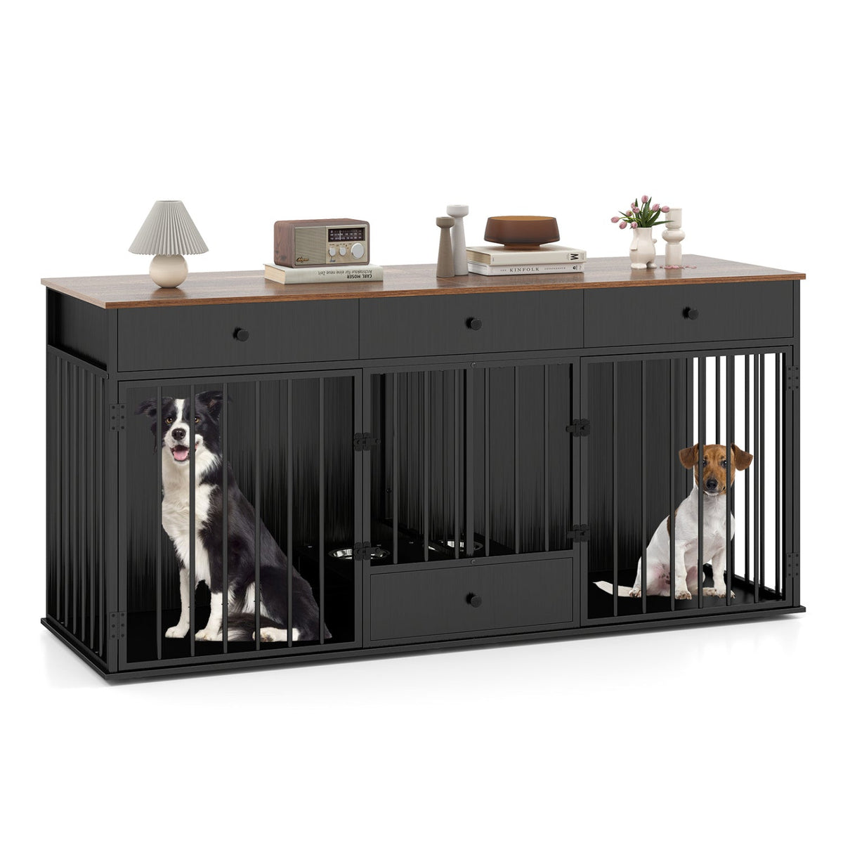 Dog Crate Furniture Indoor Modern Dog Kennel with Divider 3 Drawers and Pull-out Feeder